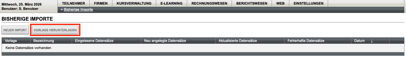 Vorlagen-Download in der Liste der bisherigen Importe
