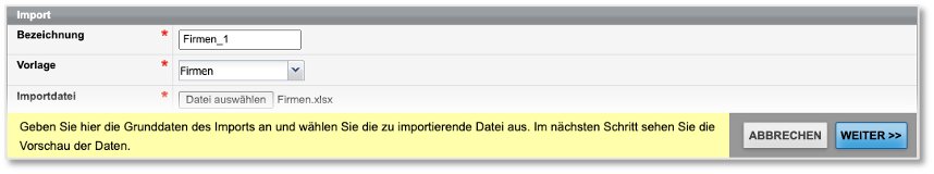 Firmen-Import: Grunddaten eingeben