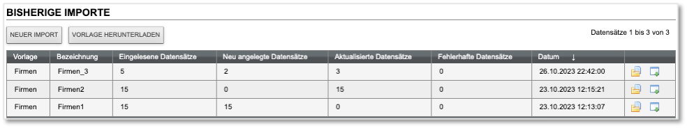 Aktualisierte Liste der bisherigen Firmen-Importe