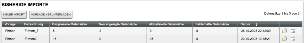 Liste der bisherigen Importe