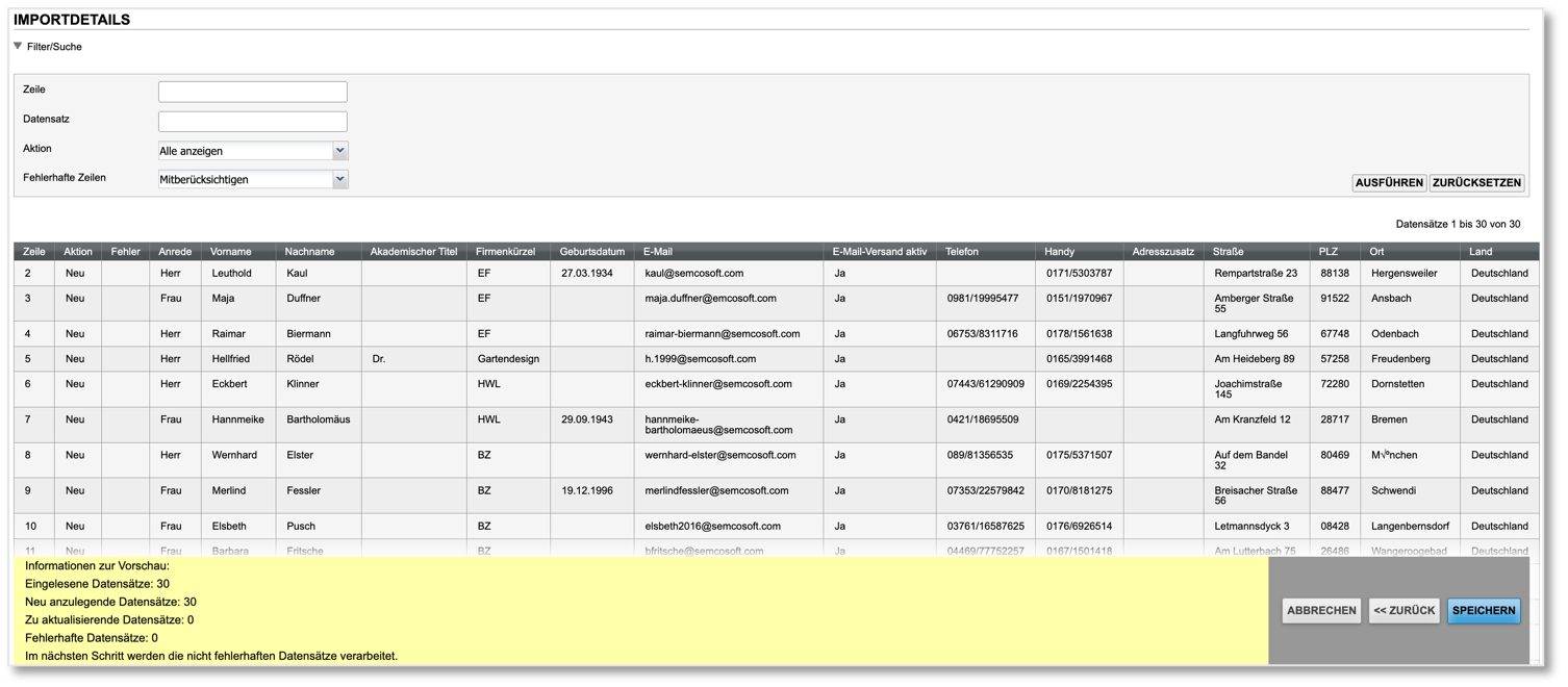 Teilnehmer-Import: Importdetails