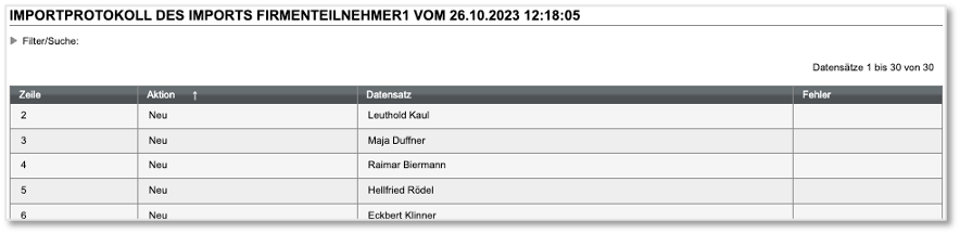 Teilnehmer-Import: Importprotokoll