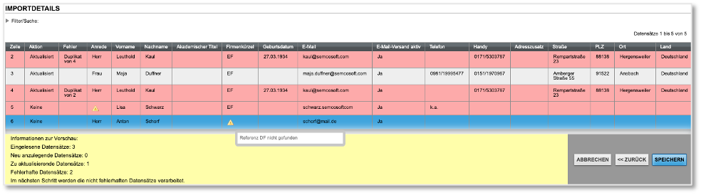 Fehlermeldungen in den Importdetails