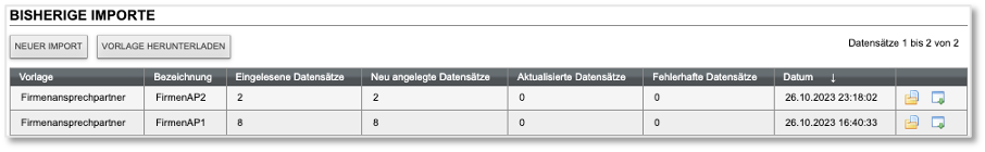 Liste der bisherigen Ansprechpartner-Importe