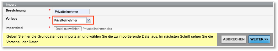 Privatteilnehmer-Import: Grunddaten eingeben