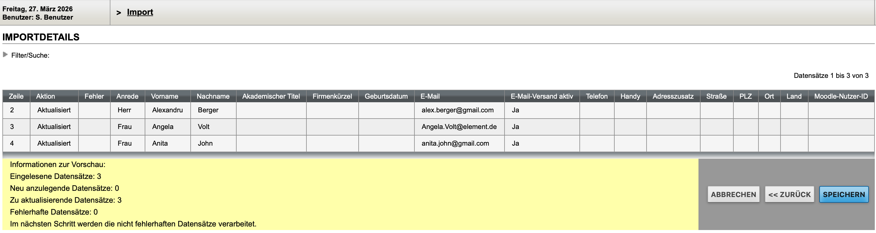 Importdetails Privatteilnehmer-Import
