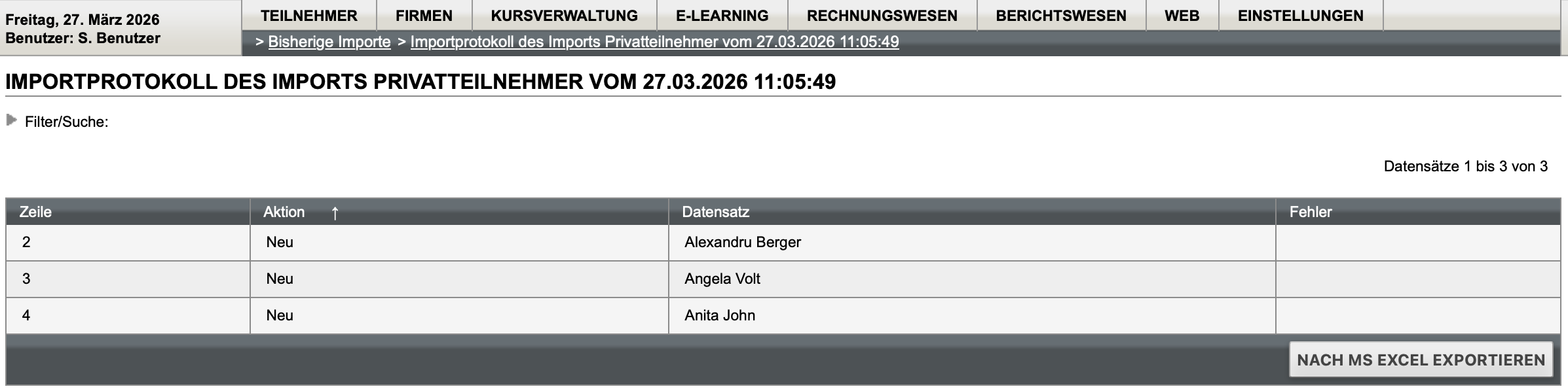 Importprotokoll eines Privatteilnehmer-Imports