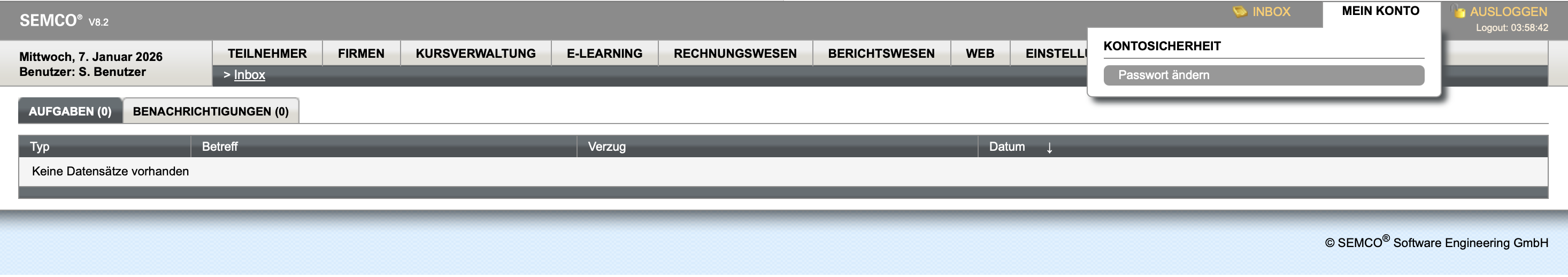 Menü Mein Konto mit Passwortänderung