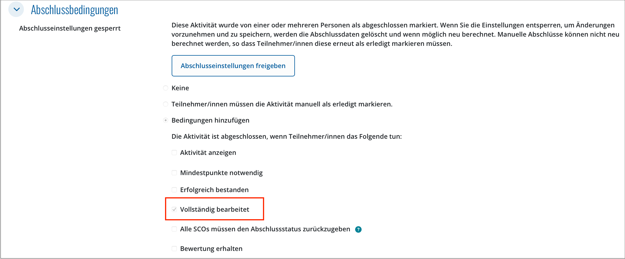 Abschlussbedingung in Moodle für eine Lernpaket-Aktivität