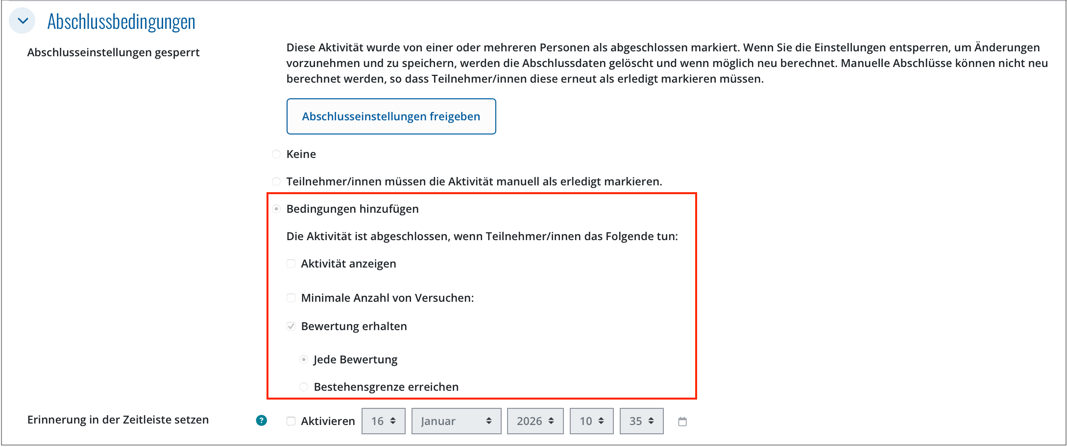 Abschlussbedingungen in Moodle für eine bewertete Aktivität