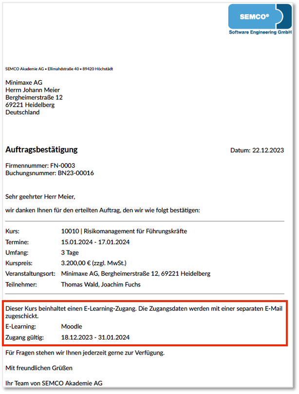 Auftragsbestätigung für einen Blended-Learning-Kurs