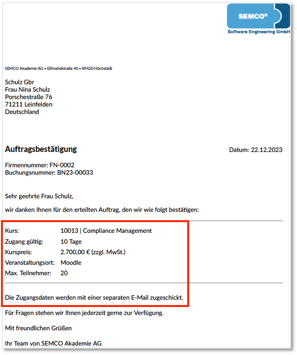 Auftragsbestätigung für firmenexklusiven E-Learning-Kurs