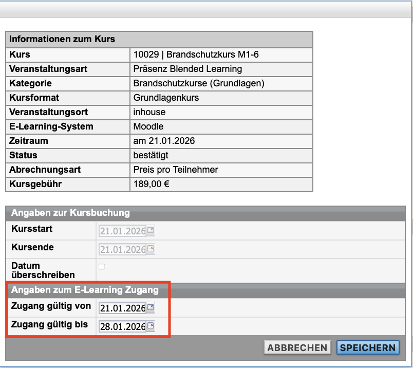 Bearbeitung der E-Learning-Zugangsdaten für einen Blended-Learning-Kurs (Firmenbuchung)