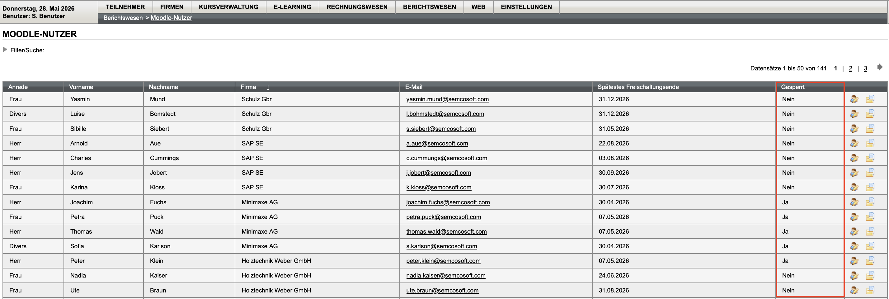 Bericht mit Sperrstatus der Moodle-Nutzer