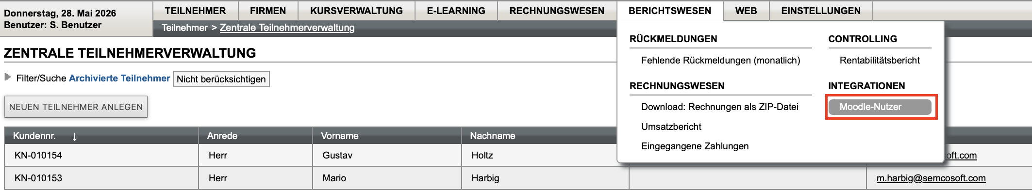Berichtswesen mit Menüpunkt Moodle-Nutzer
