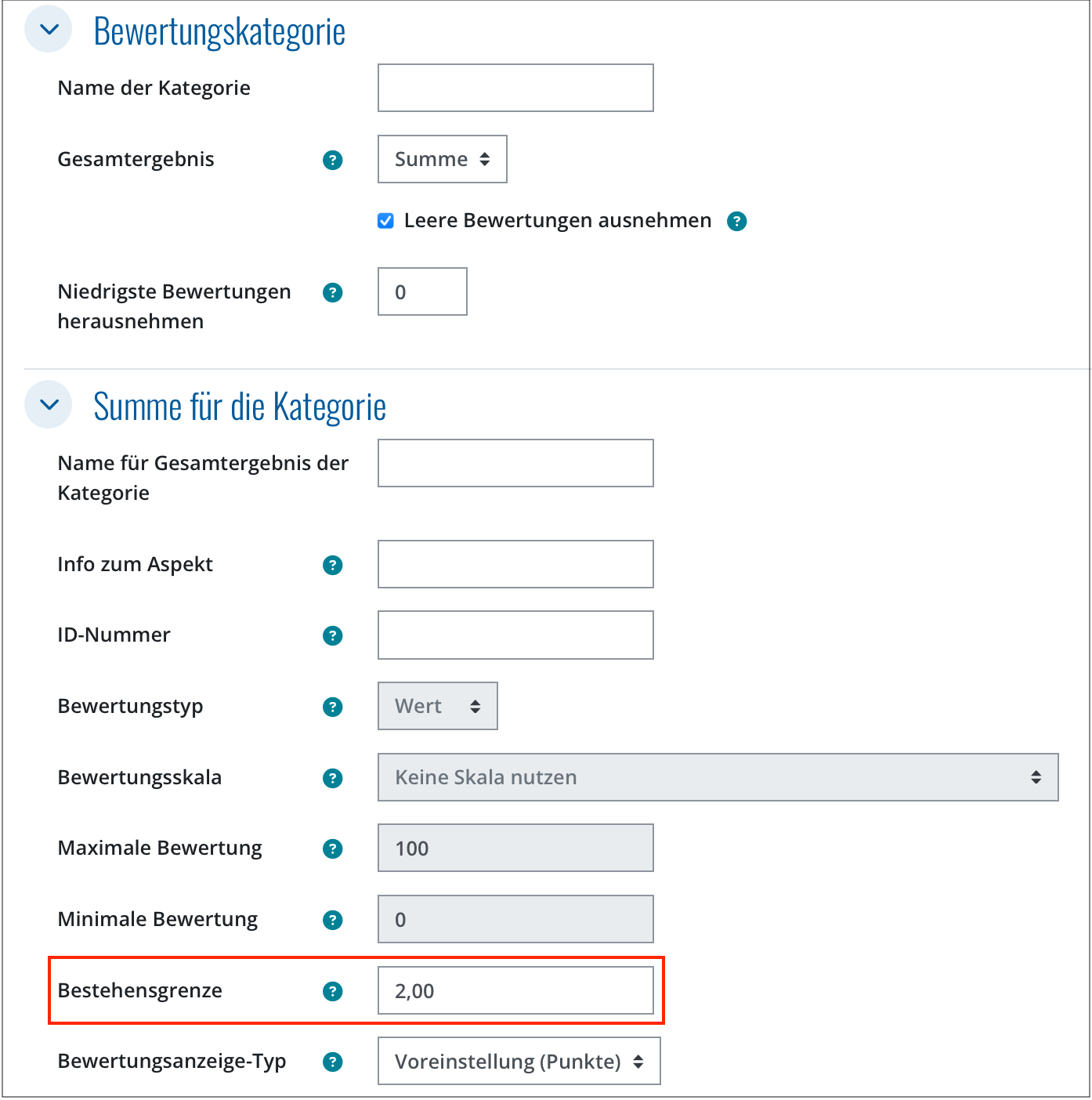 Bestehensgrenze auf Kursebene im Bewertungssetup eintragen
