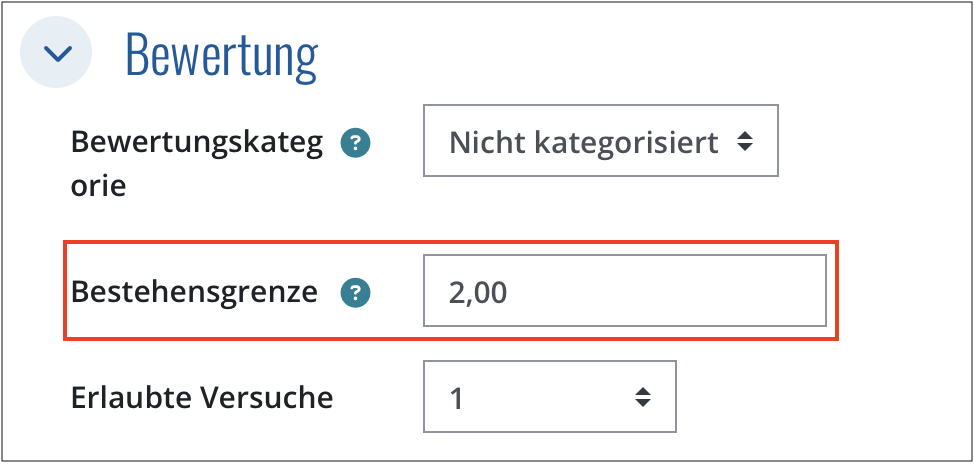 Bewertungseinstellung für moodle-eigenen Test