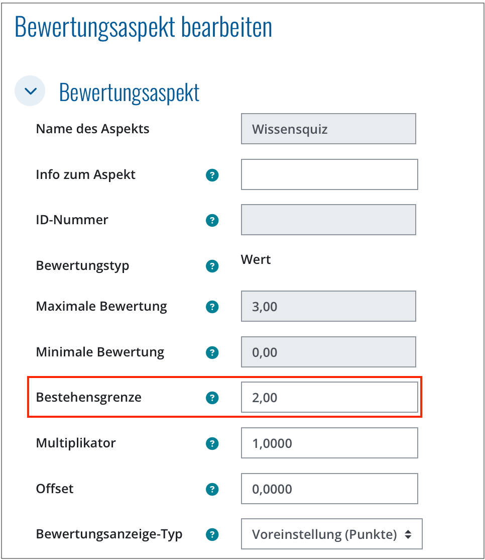 Bestehensgrenze für die Aktivität in den Bewertungsaspekten eintragen