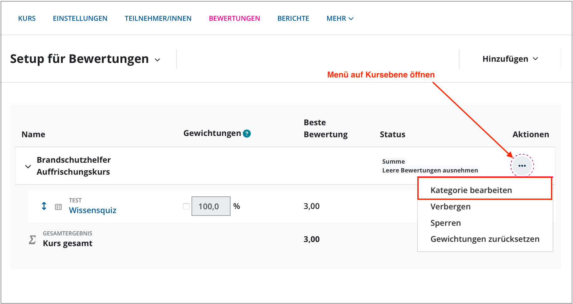 Bewertungssetup auf Kursebene