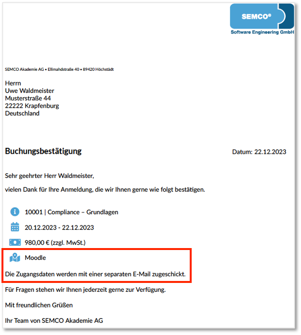 Buchungsbestätigung für privat gebuchten E-Learning-Kurs