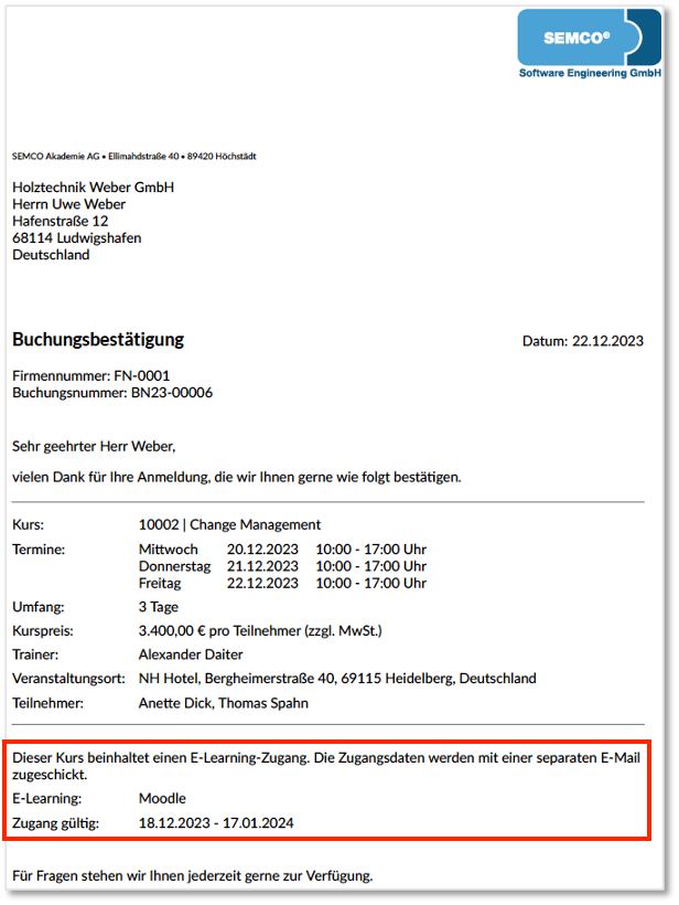 Buchungsbestätigung bei einer Firmen- oder Sammelbuchung