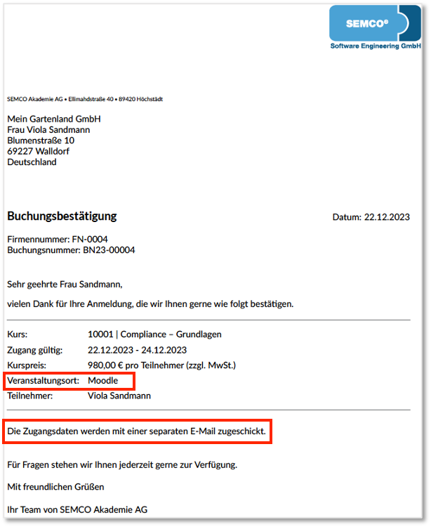 Buchungsbestätigung für eine Firmenbuchung (Einzel- oder Sammelbuchung)