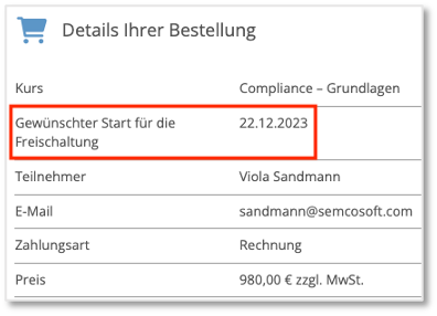 Buchungszusammenfassung mit Freischaltungszeitraum