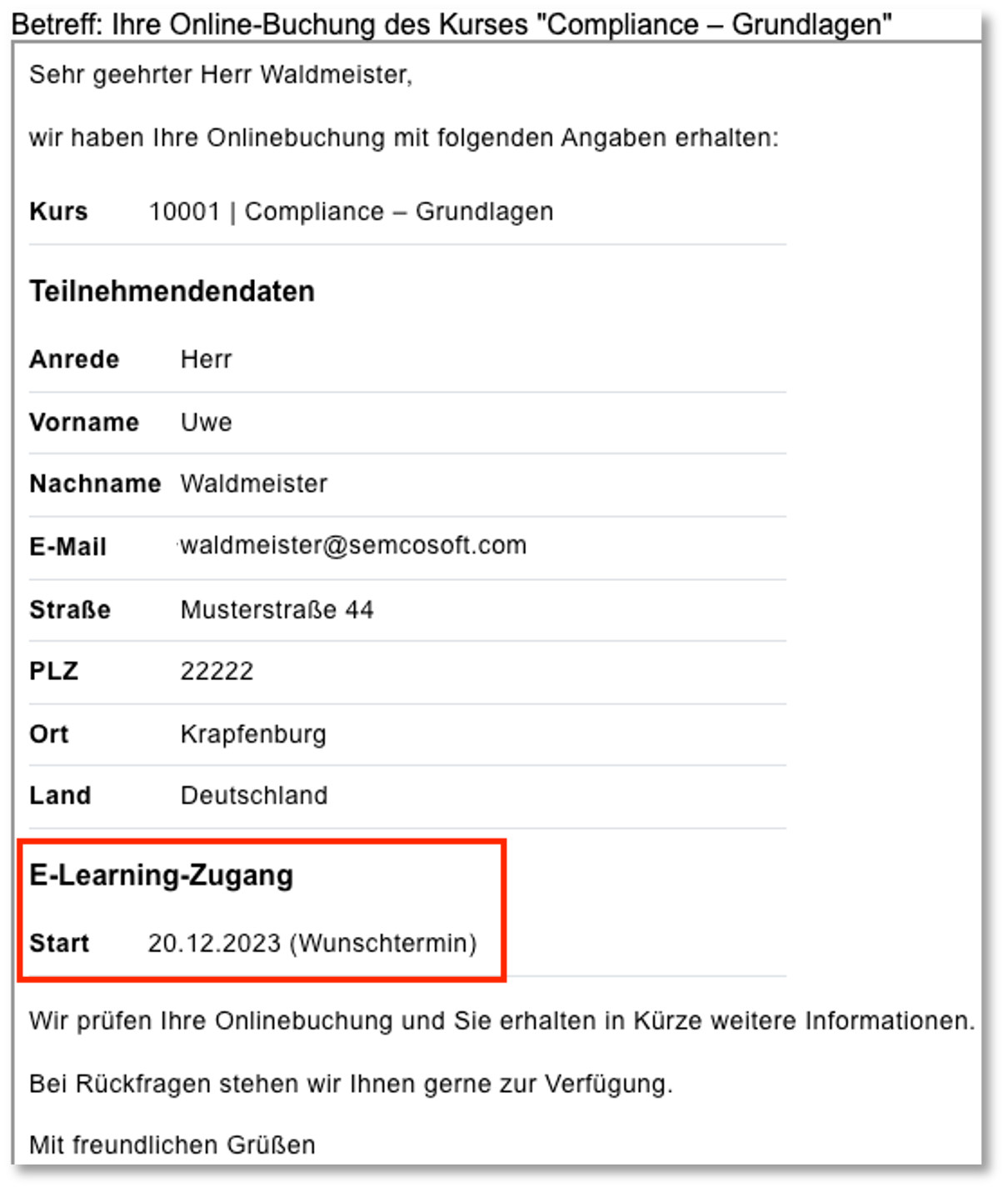 E-Mail: Eingangsbestätigung für eine Online-Buchung