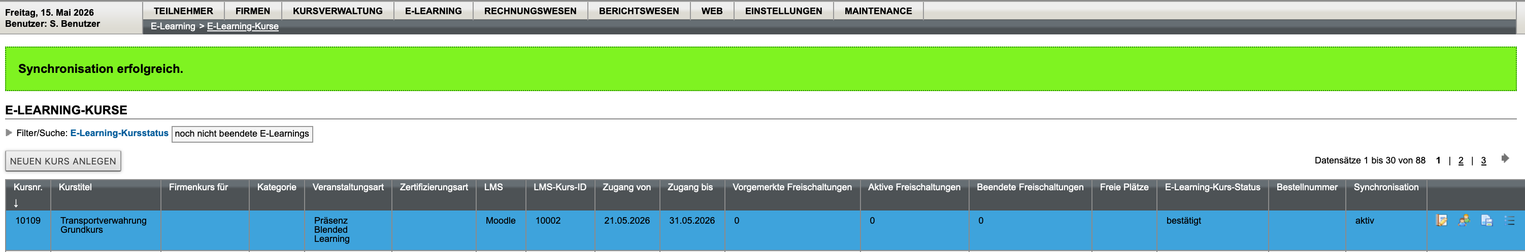 Erfolgreich durchgeführte Erstsynchronisation des neuen Blended-Learning-Kurses
