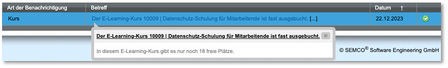 Inbox-Meldung bei fast ausgebuchtem E-Learning-Kurs