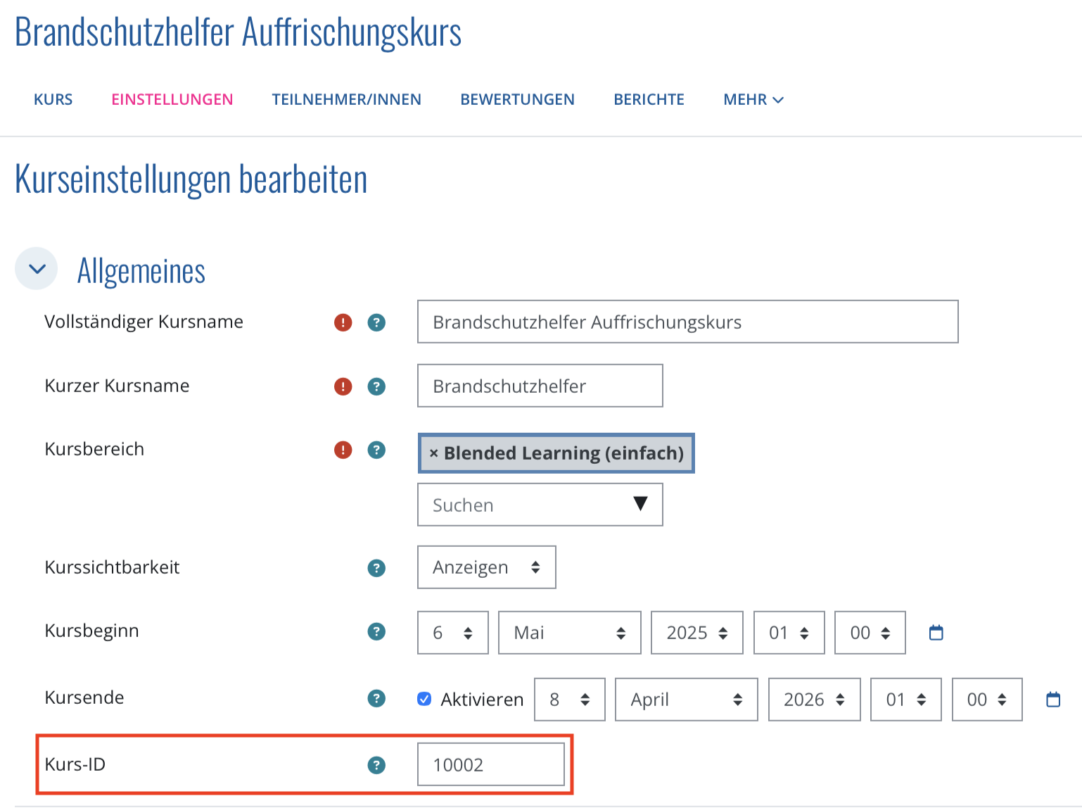 Kurs-ID in Moodle finden