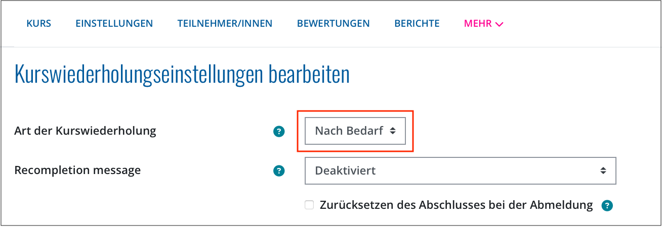 Kurswiederholungseinstellungen in Moodle (Kursebene)