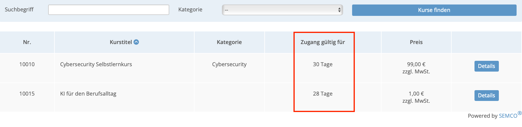Selbstlernkurse in einem Kurskalender