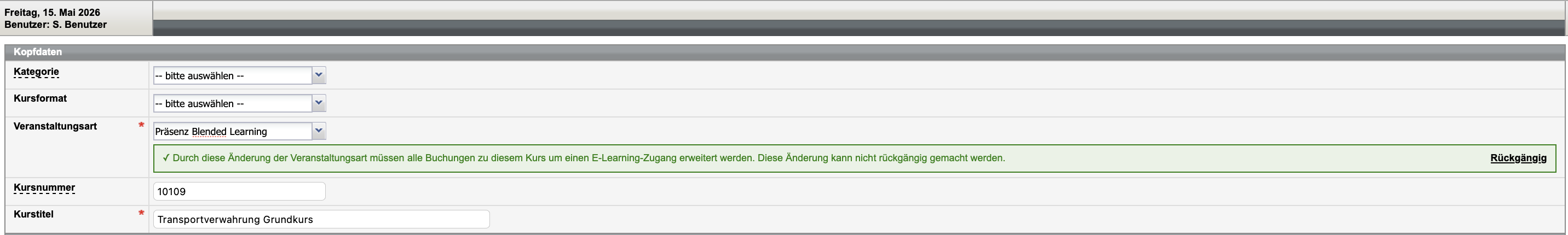 Meldung nach Bestätigung der Kursumwandlung im Kursformular