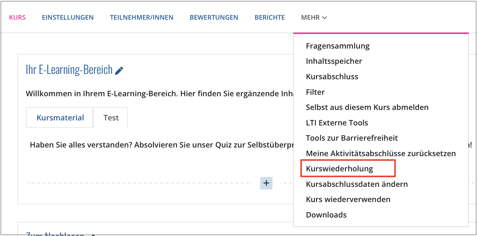 Menü Kurswiederholung im Kurs finden