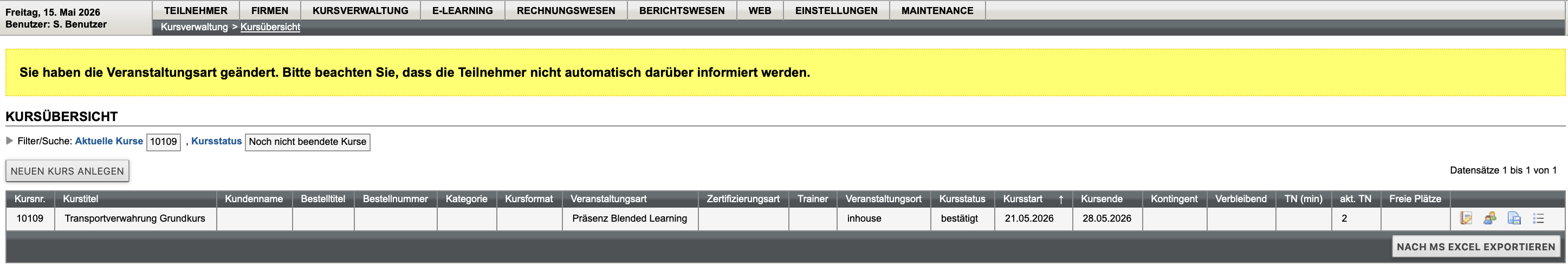 Meldung nach abgeschlossenem Wechsel der Veranstaltungsart