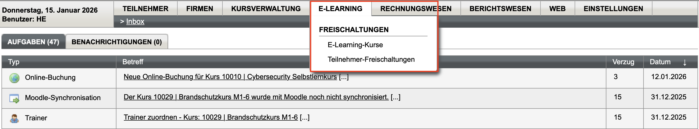 Menü E-Learning