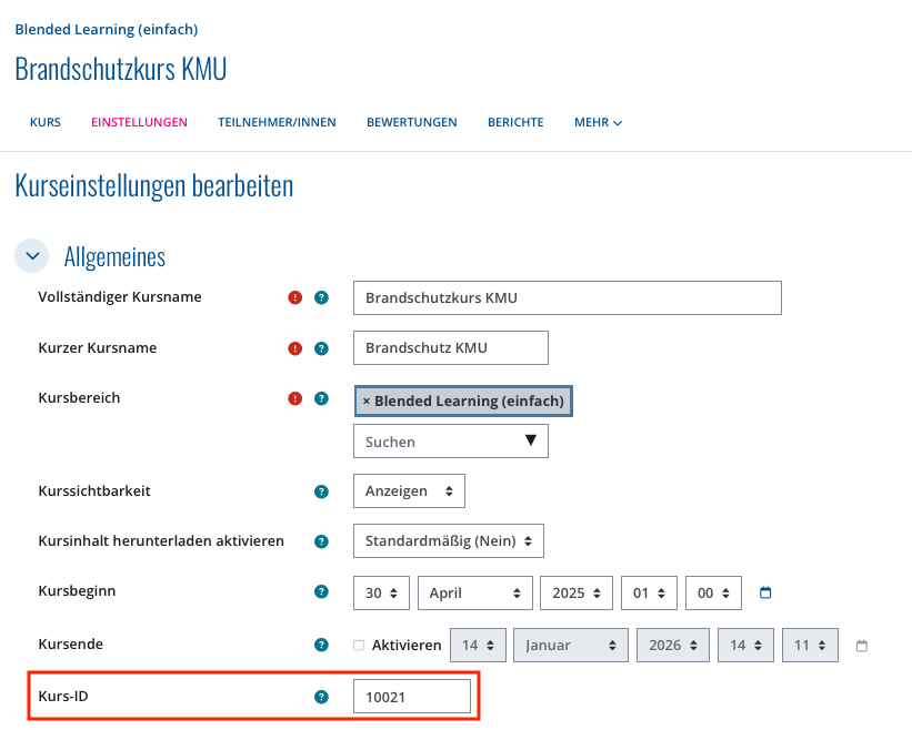 Kurs-ID in Moodle finden