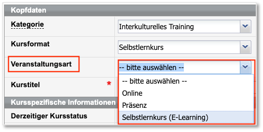 Auswahl im Kursformular beim Anlegen eines Selbstlernkurses