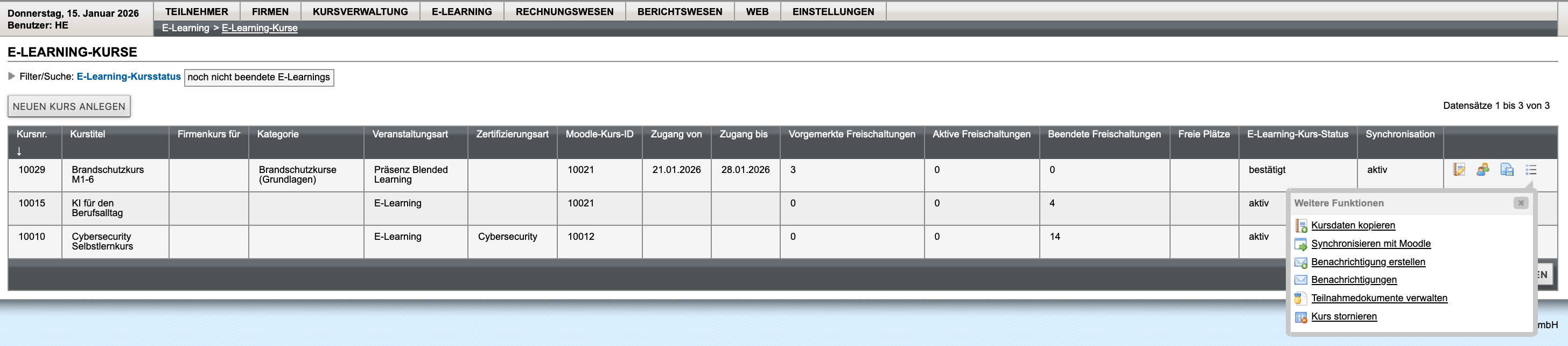 Menü E-Learning-Kurse mit weiteren Funktionen