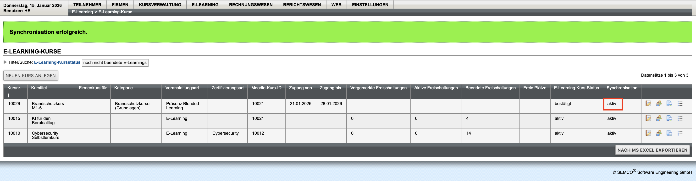 Erfolgsmeldung nach Synchronisation
