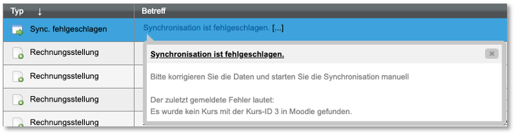 Inbox-Meldung bei fehlgeschlagener Moodle-Synchronisation