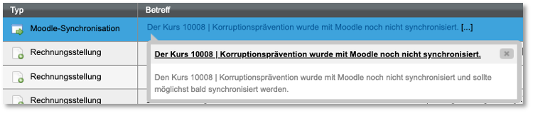 Inbox-Meldung bei noch inaktiver Moodle-Synchronisation