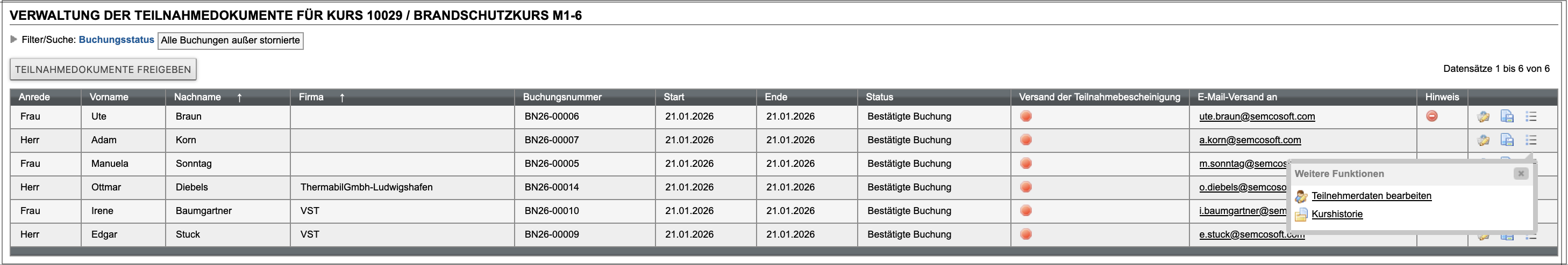 Menü zum Verwalten von Teilnahmedokumenten für E-Learning-Teilnehmer