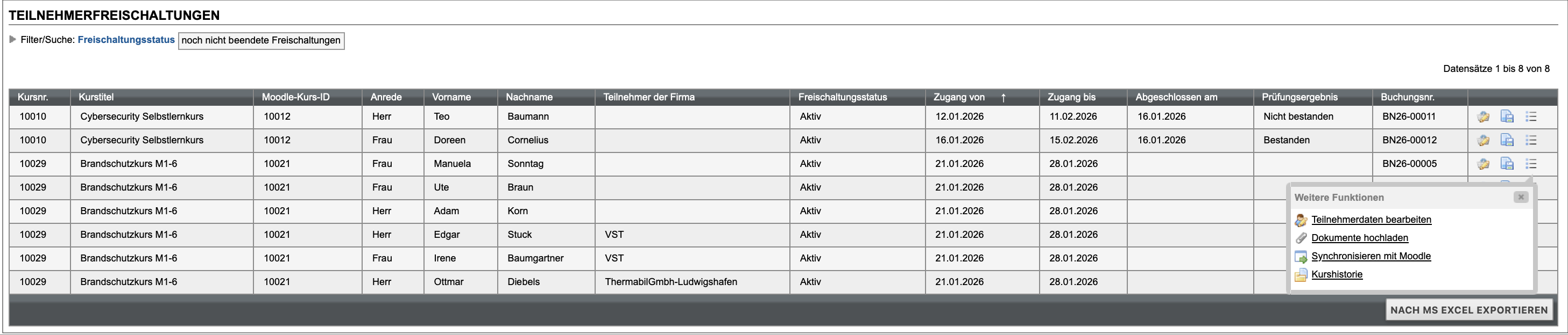 Weitere Funktionen im Menü Teilnehmer-Freischaltungen