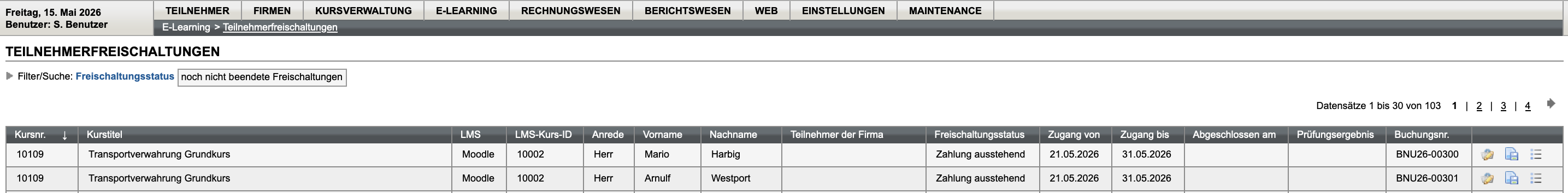 E-Learning-Menü Teilnehmerfreischaltungen mit den eingebuchten Teilnehmern