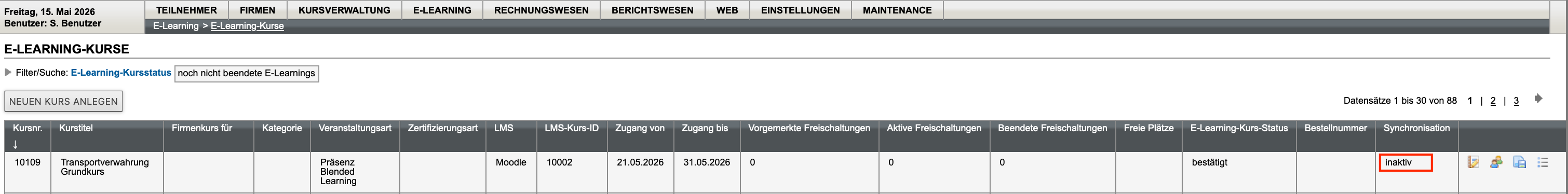 Neuer Blended-Learning-Kurs im Menü E-Learning vor der Synchronisation