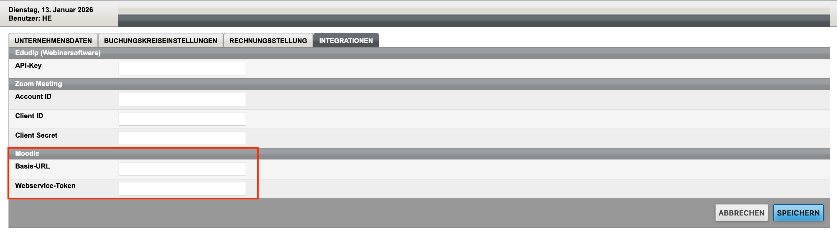 Moodle-Einrichtungsdaten im Menü Unternehmensdaten