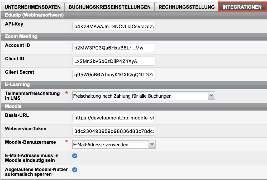 Unternehmensdaten, Registerkarte Integrationen - Übersicht