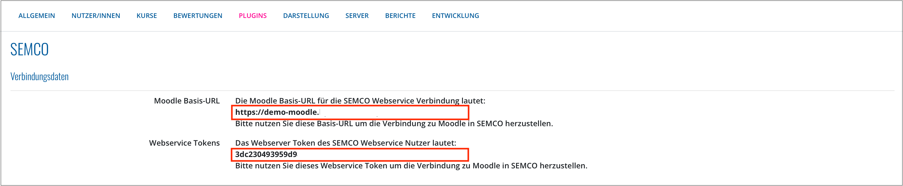 Webservice-Token und Basis-URL im Moodle-Menü